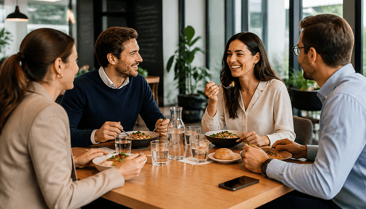 Vier Menschen sitzen beim Essen an einem Tisch