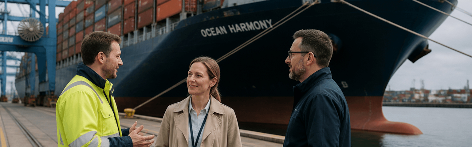 Drei Menschen stehen vor einem angelegten Schiff und unterhalten sich