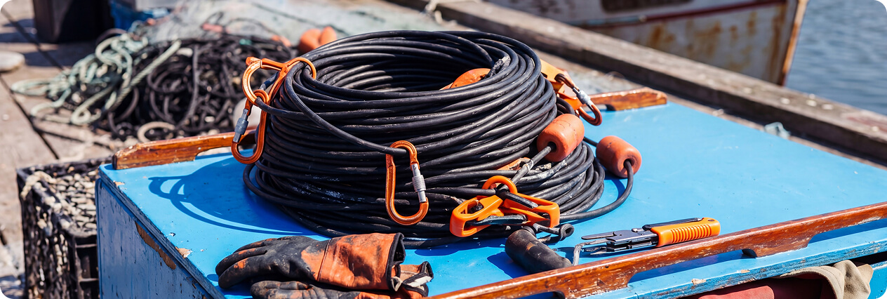 Gerolltes Kabel mit Karabinerhaken liegt auf einer Kisten am Hafen