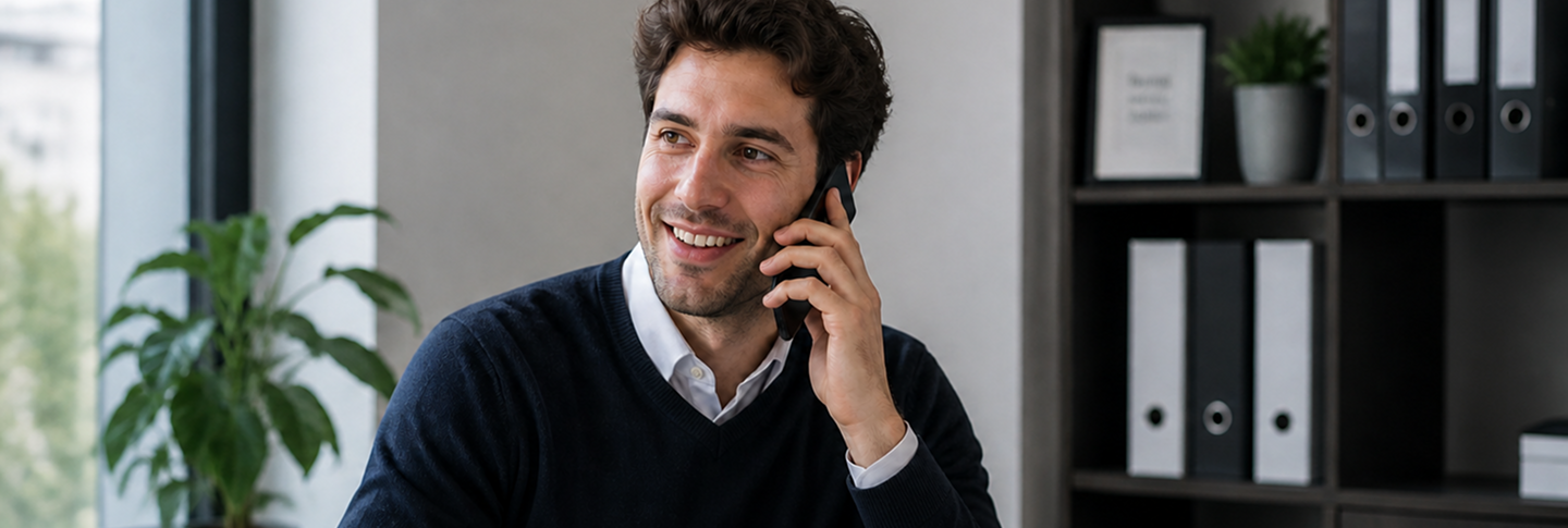 Mann sitzt in einem Büro und telefoniert