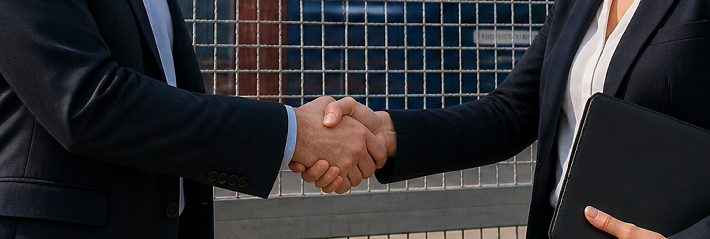 Handschlag von zwei Menschen im Business-Outfit vor einem Zaun