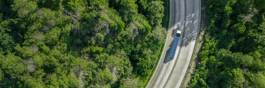 LKW von oben. Links und rechts neben der Straße dichte Bäume